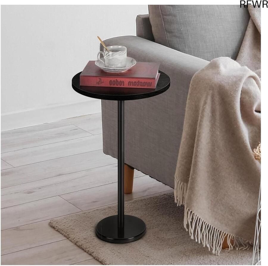 RFWR Kleine zwarte ronde salontafel met marmeren sokkel bijzettafel voor woonkamer en slaapkamer 32 cm