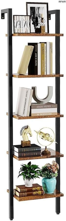 RFWR Ladderrek met 5 niveaus Boekenkast en DIY Staand Rek voor Woonkamer Kantoor en Balkon Rustiek Bruin Hout en Metaal
