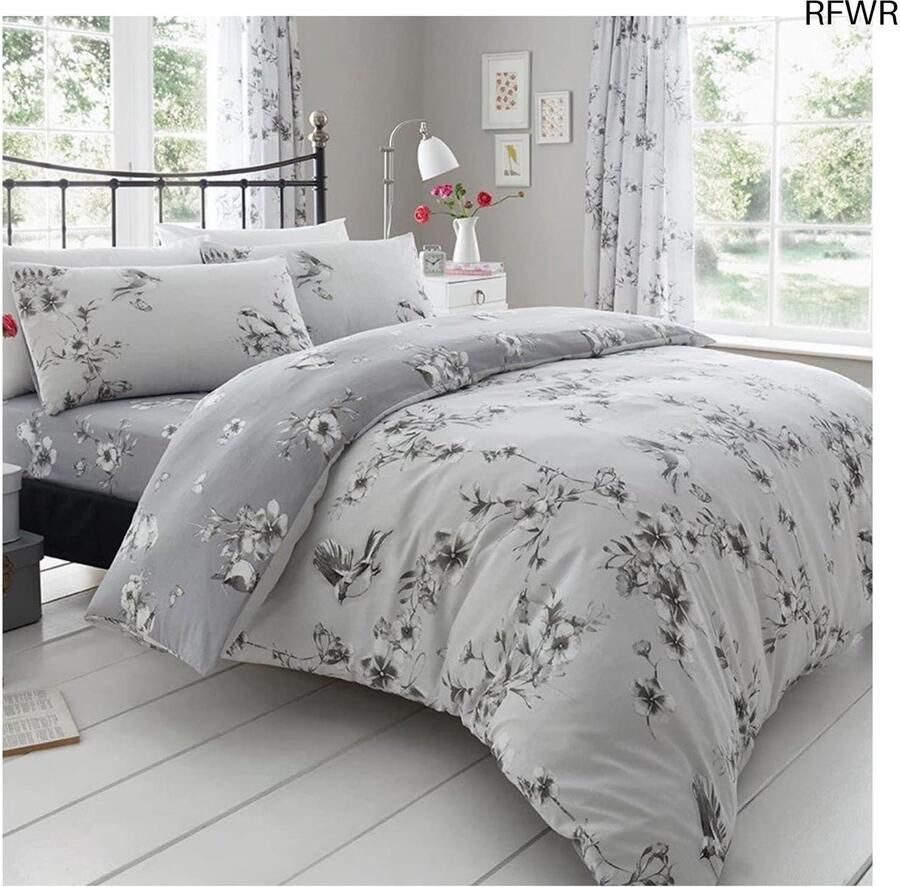 RFWR Luxe BIRDIE BLOSSOM Eenpersoons Bed Set Dekbedovertrek en Kussensloop in Grijs