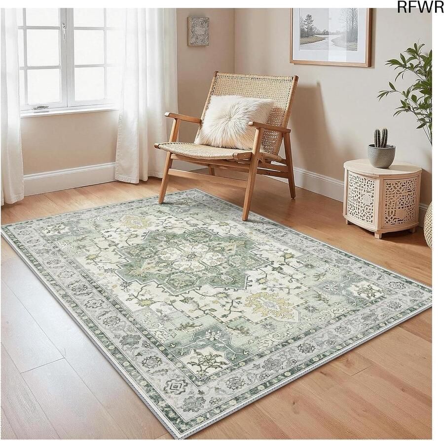 RFWR Machinewasbaar Vintage Tapijt voor Woonkamer en Slaapkamer – Antislip Vloerkleed 120x170 cm in Groen