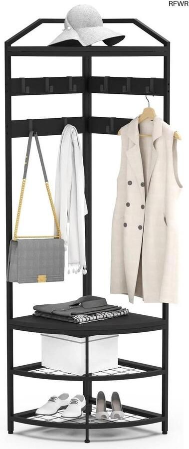 RFWR Metalen Hoekgarderobe met 12 Beweegbare Haken en Opbergrek Vrijstaande Kledingstandaard voor Hal Woonkamer Slaapkamer en Kantoor Zwart
