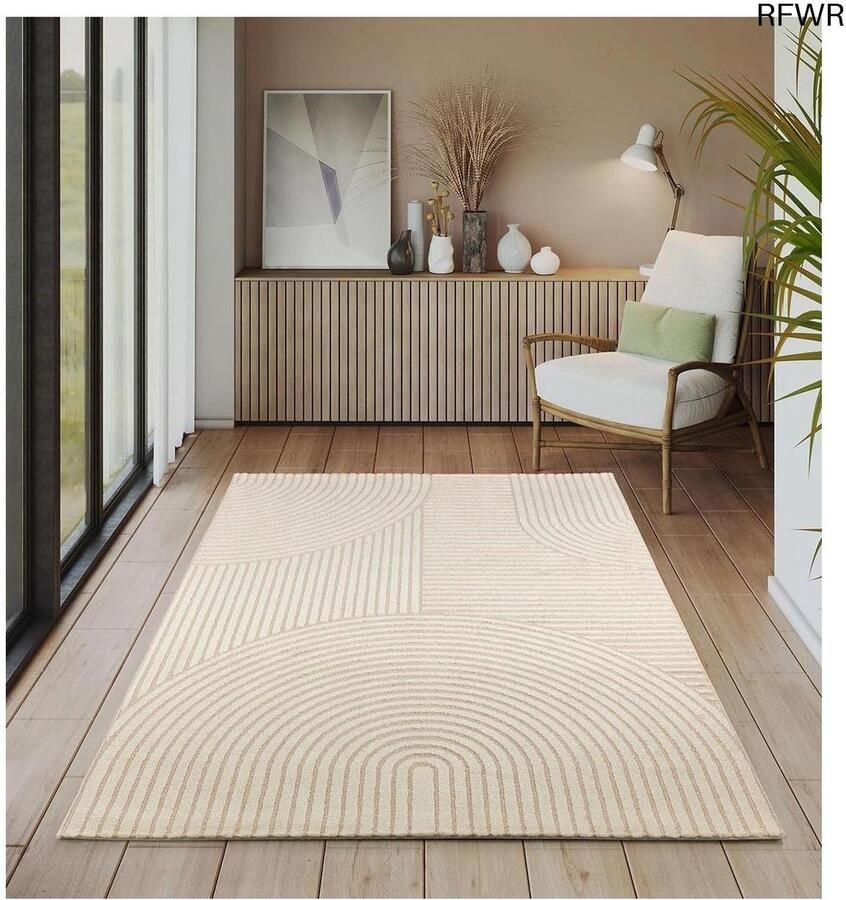 RFWR Modern kortpolig hoog-laag tapijt voor woonkamer en slaapkamer 80 x 150 cm Beige