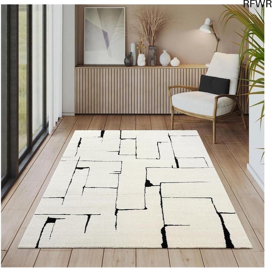 RFWR Modern Kortpolig Tapijt met Hoog-Laag Effect en 3D Design Crème 80 x 150 cm