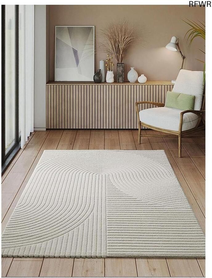 RFWR Modern kortpolig tapijt met hoog-laag-effect en luxe uitstraling Crème 80 x 150 cm