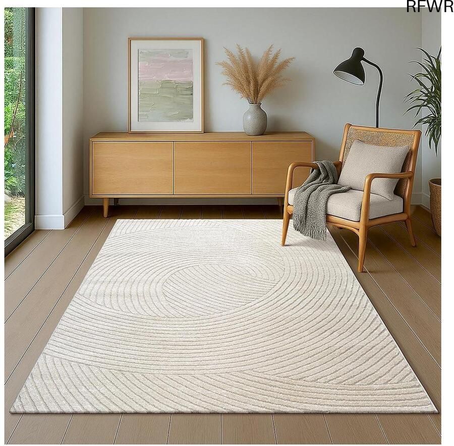 RFWR Modern Laagpolig Tapijt met Hoog-Diepte Effect en 3D-Uiterlijk voor Woonkamer en Slaapkamer Crème 80 x 150 cm