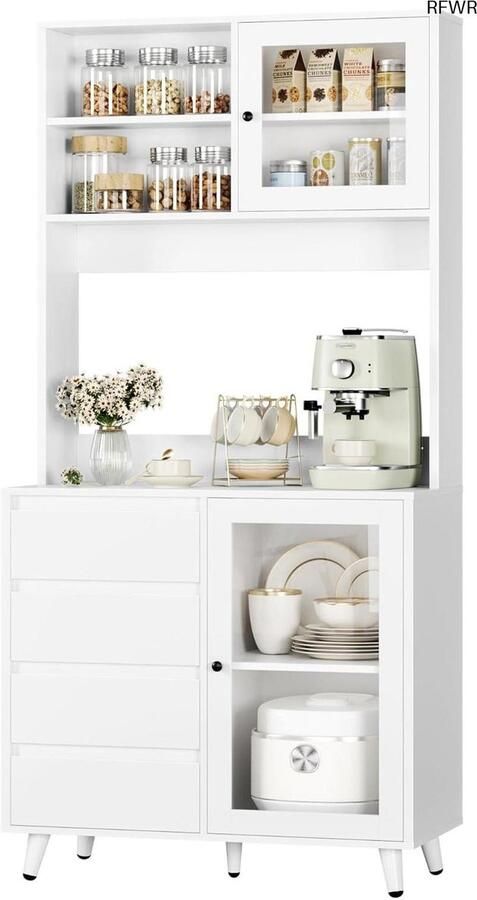 RFWR Moderne Keukenkast 180 cm met Glazen Deuren en Werkblad Veelzijdige Buffetkast voor Keuken en Woonkamer