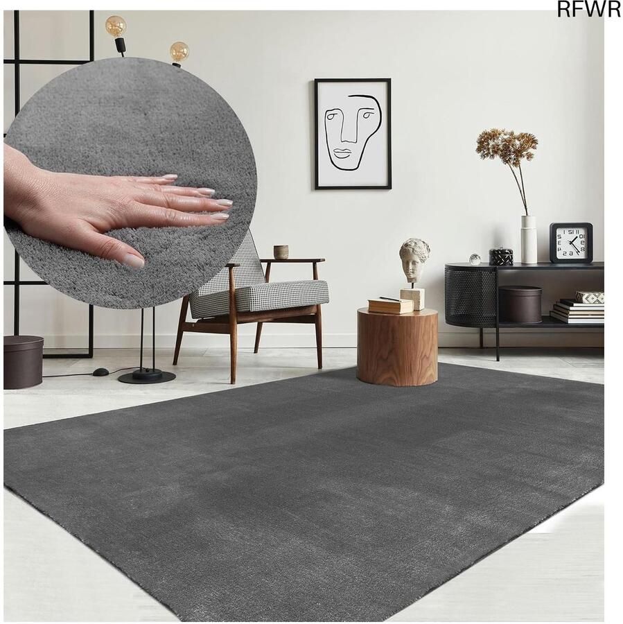 RFWR Moderne Pluizige Kortpolige Tapijt Antislip en Wasbaar tot 30 Graden Superzacht Bontlook Antraciet 80 x 150 cm