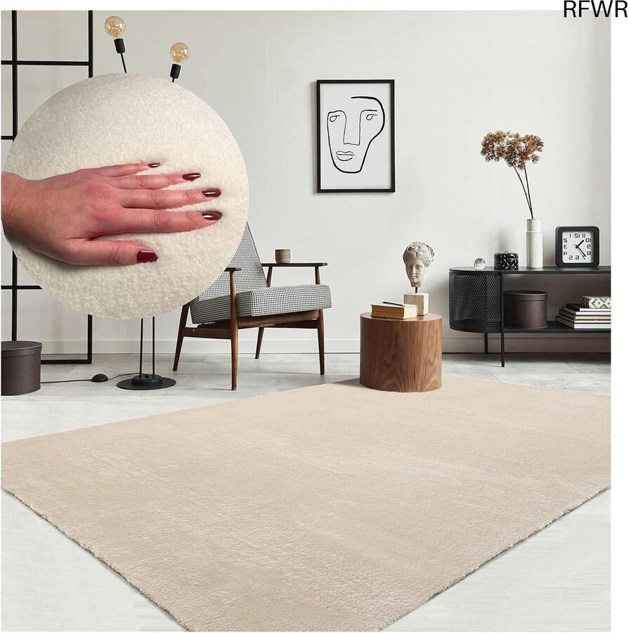 RFWR Moderne pluizige kortpolige tapijt antislip wasbaar tot 30 graden superzacht beige 80 x 150 cm
