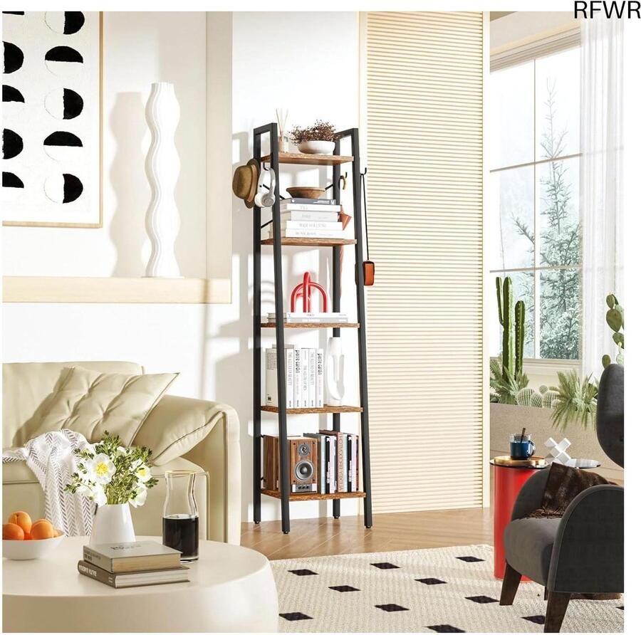 RFWR Multifunctioneel Ladderrek met 5 Niveaus Industrieel Houten Boekenkast voor Woonkamer Kantoor en Balkon