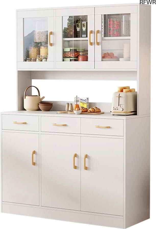 RFWR Multifunctionele Keuken- en Vitrinekast van Hout 170 cm Hoog met Laden en Glazen Deuren – Wit