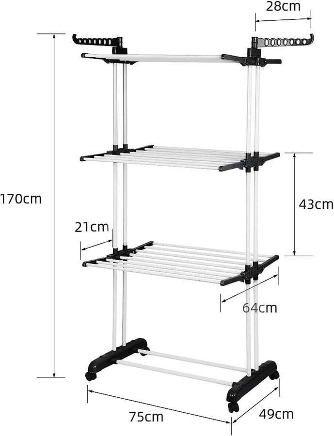 RFWR Opvouwbaar wasrek met wieltjes voor binnen en buiten multifunctioneel en ruimtebesparend (75 x 64 x 170 cm)