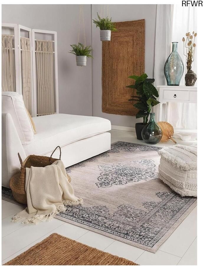 RFWR Rechthoekig Vintage Tapijt Kunstvezel Onderhoudsvriendelijk Perfect voor Woonkamer en Slaapkamer Grijs 80x150 cm