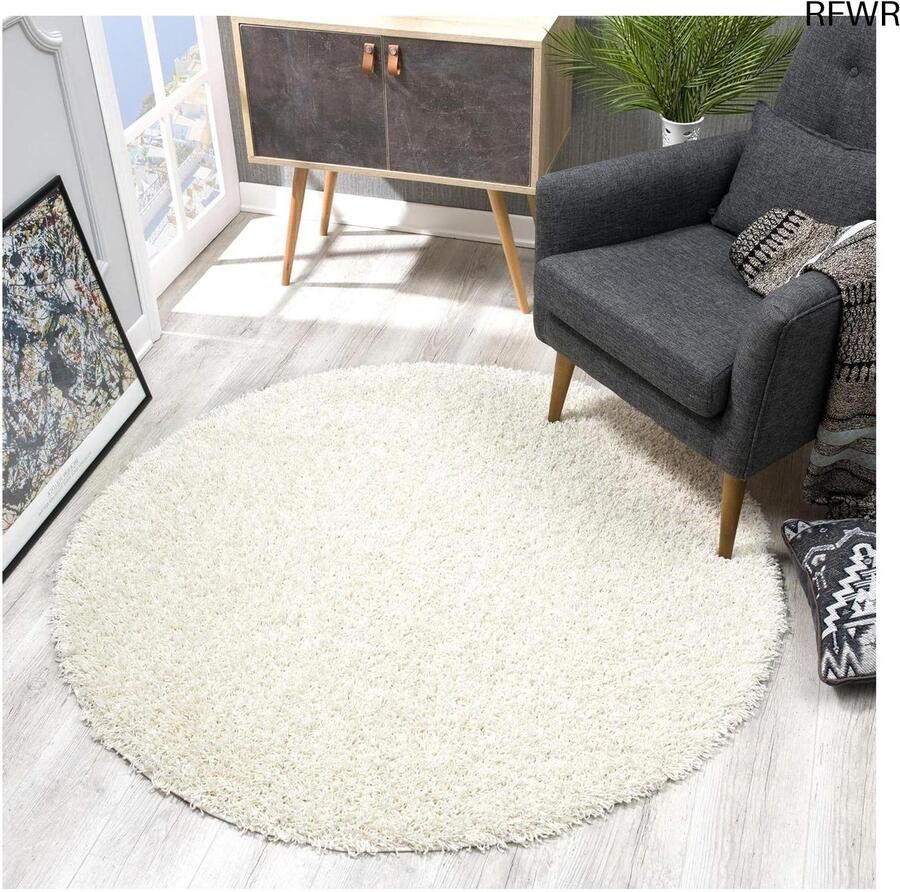 RFWR Rond hoogpolig vloerkleed Crème 80x80 cm voor moderne woonkamers slaapkamers eetkamers en kinderkamers