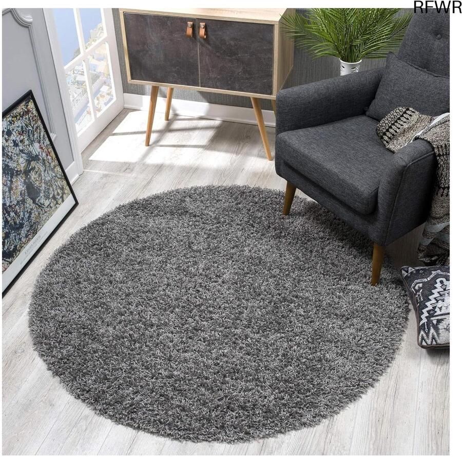 RFWR Rond hoogpolig vloerkleed grijs modern design voor woonkamer slaapkamer eetkamer of kinderkamer 80x80 cm