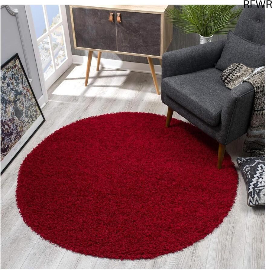 RFWR Rond Hoogpolig Vloerkleed Rood Moderne Tapijten voor Woonkamer Slaapkamer Eetkamer of Kinderkamer 80x80 cm