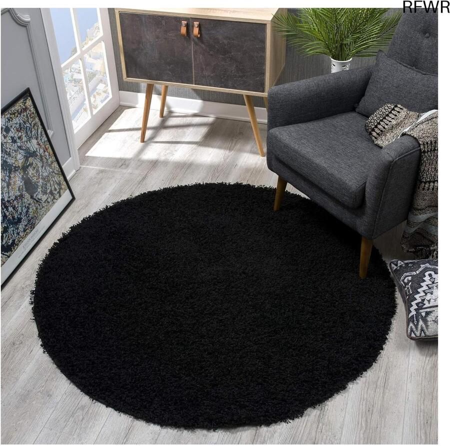 RFWR Rond hoogpolig vloerkleed zwart moderne tapijten voor woonkamer slaapkamer eetkamer of kinderkamer 80x80 cm