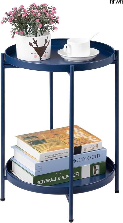 RFWR Ronde Bijzettafel Metalen Bijzettafel met 2 Lagen voor Woonkamer Slaapkamer Balkon of Terras Donkerblauw