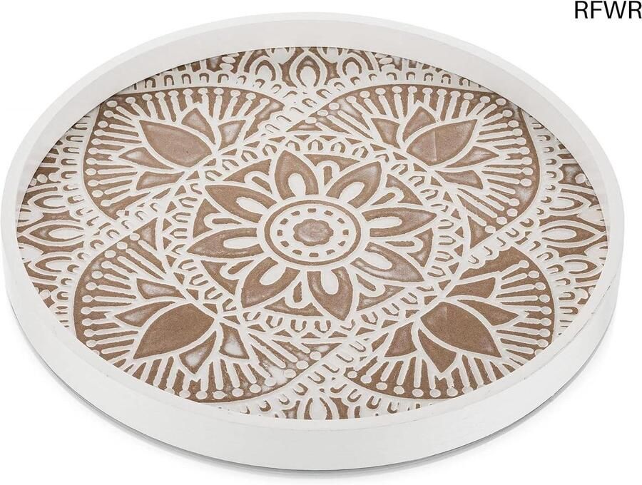 RFWR Ronde houten decoratieve lade – rustiek wit boho dienblad voor salontafel en woondecoratie