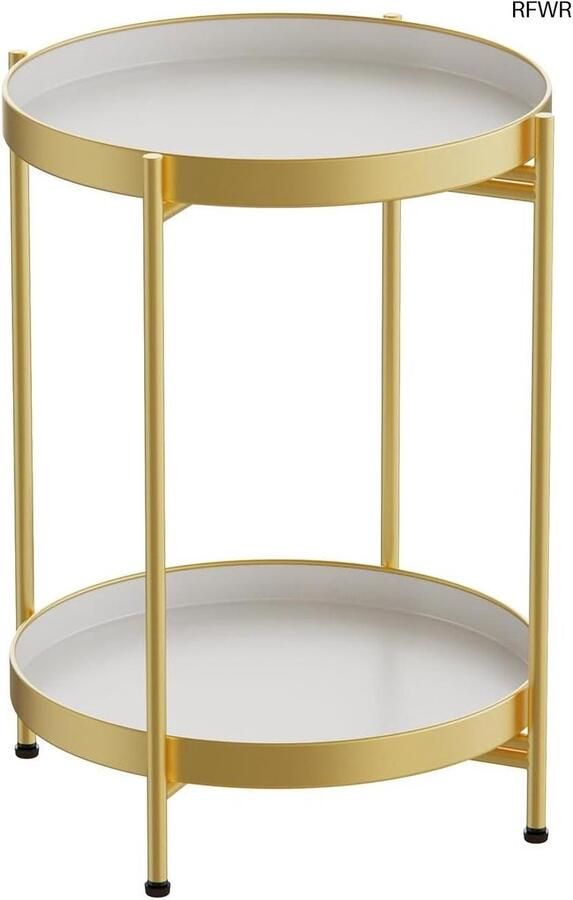 RFWR Ronde metalen bijzettafel in goud en wit met afneembaar dienblad 40 cm diameter 50 cm hoog geschikt voor woonkamer slaapkamer en kantoor