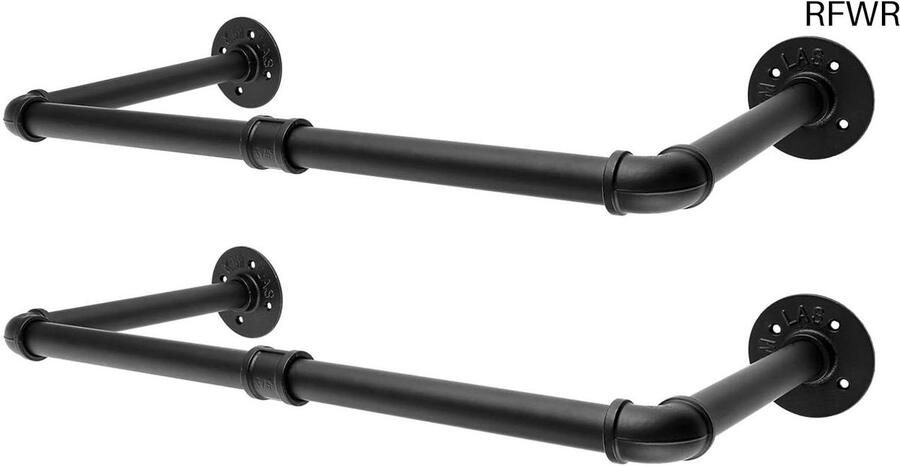 RFWR Set van 2 industriële wandmontage kledingstangen 60 cm zwarte metalen garderobestang
