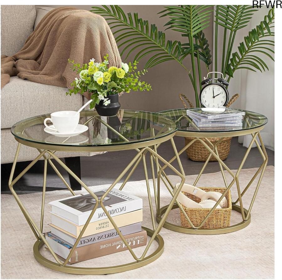 RFWR Set van 2 ronde salontafels met metalen frame Ideaal voor woonkamer en slaapkamer
