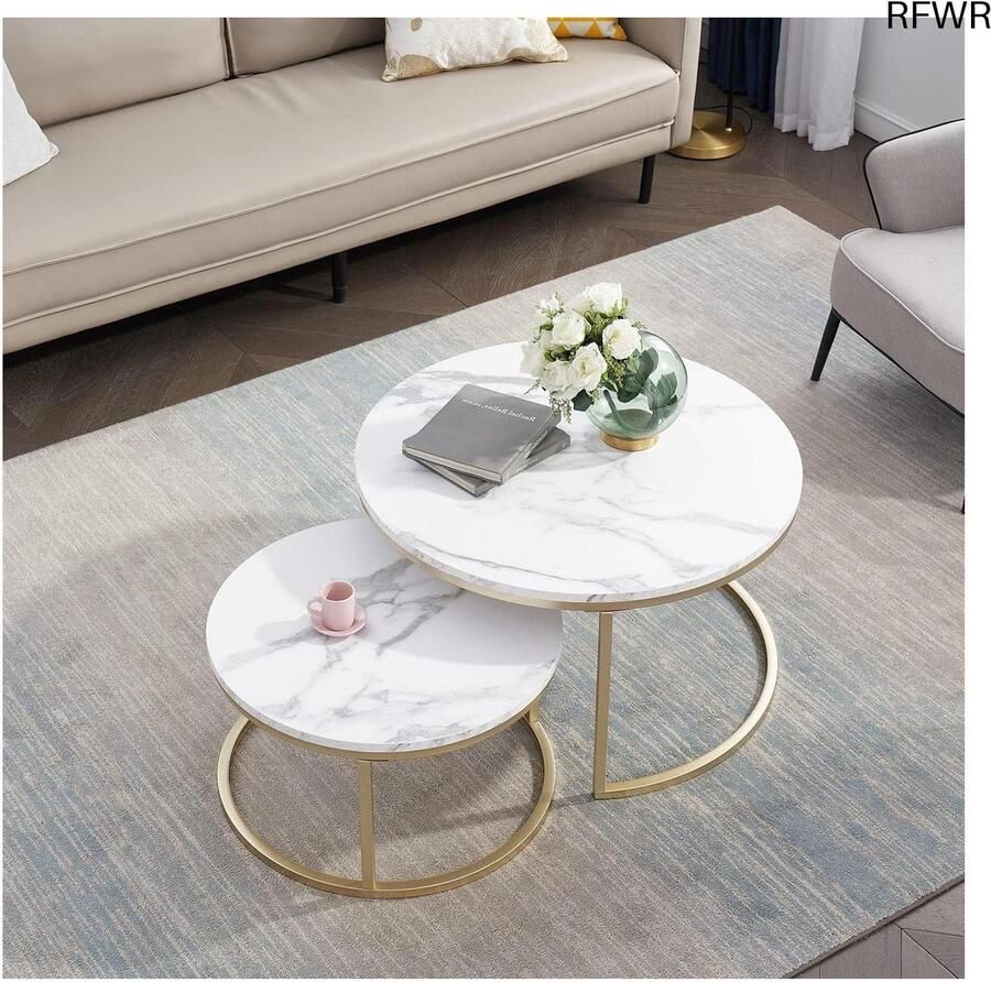 RFWR Set van 2 uitschuifbare ronde salontafels met gouden frame moderne salontafels voor woonkamer en kantoor