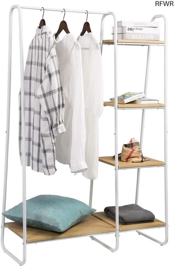 RFWR Stevige Kledingstang met Planken en Houten Schoenenrek Ruimtebesparende Oplossing
