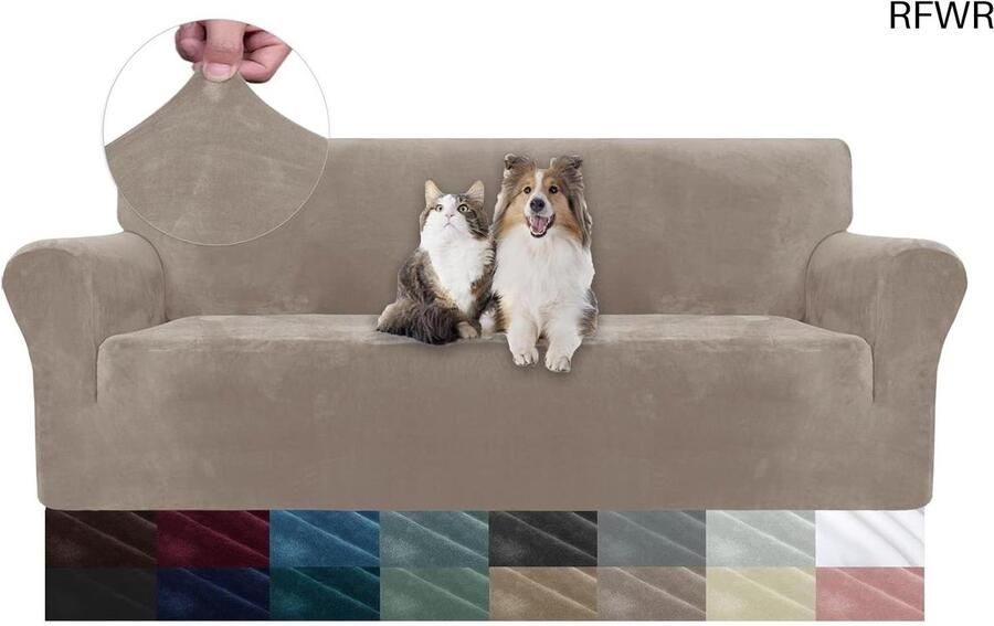 RFWR Universele Fluwelen 3-Zits Bankhoes Stretch Sofahoes met Armleuningen in Khaki