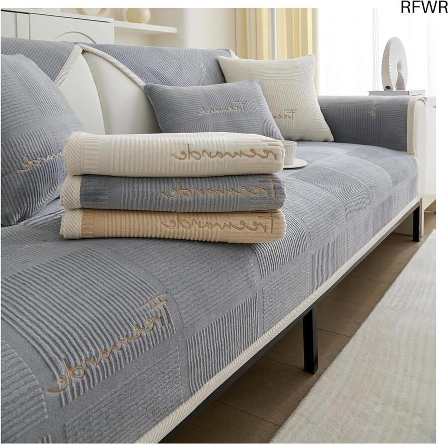 RFWR Universele Melkfluweel Bankhoes voor 3-Zitsbank Antislip en Geschikt voor Huisdieren Grijs 90x180 cm