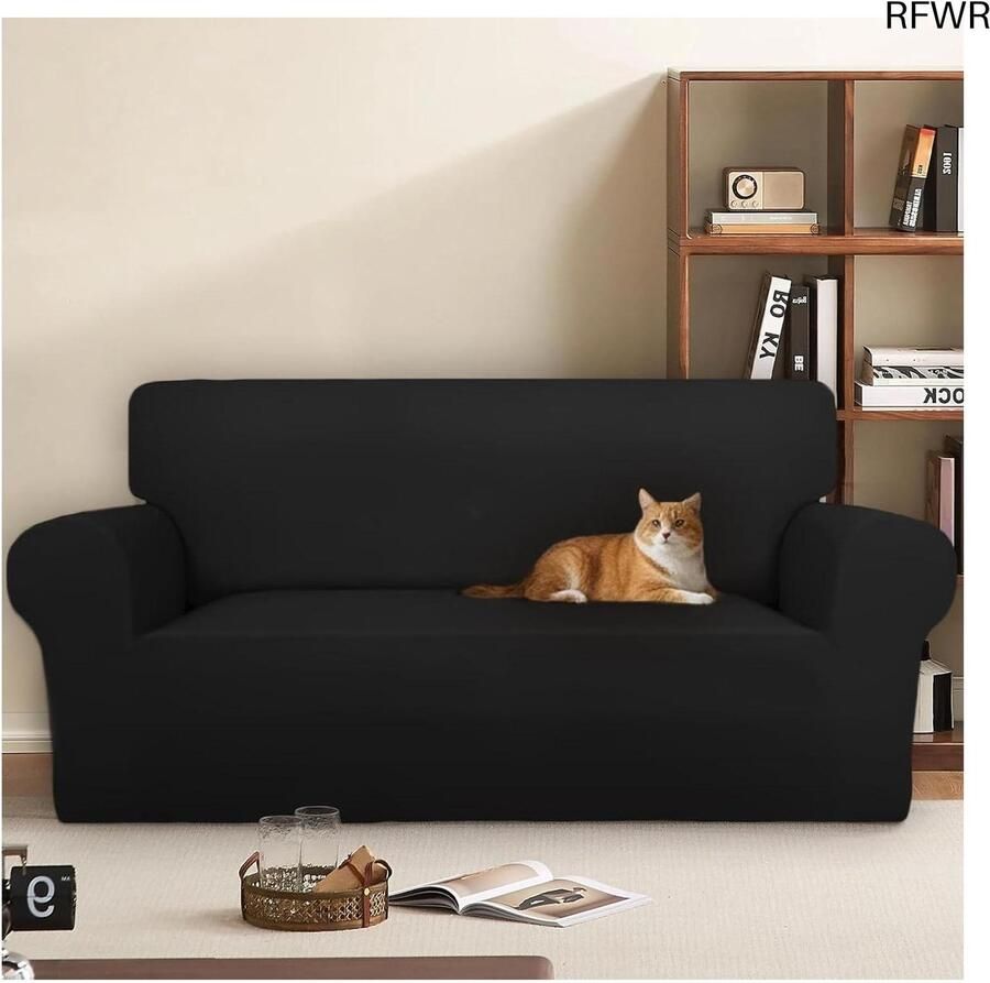 RFWR Velours Elastische Krasbestendige Bankhoes voor 3 Zitplaatsen (180-260CM) Universele Super Zachte en Comfortabele Bescherming Zwart