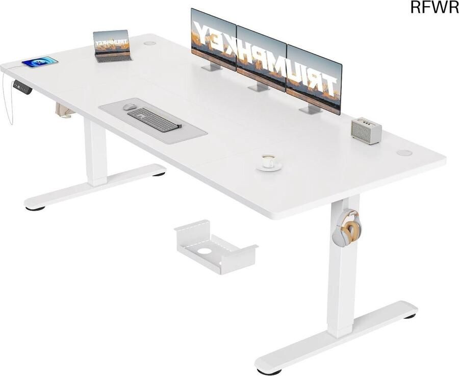 RFWR Verstelbaar Elektrisch Bureau met USB Oplaadpoort 200 x 80 cm Sta Bureau met 3 Geheugeninstellingen Antibotsingssysteem Wit