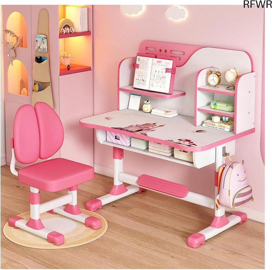 RFWR Verstelbaar Kinderbureau en Stoel Set met Ergonomisch Ontwerp en Opberglade Roze