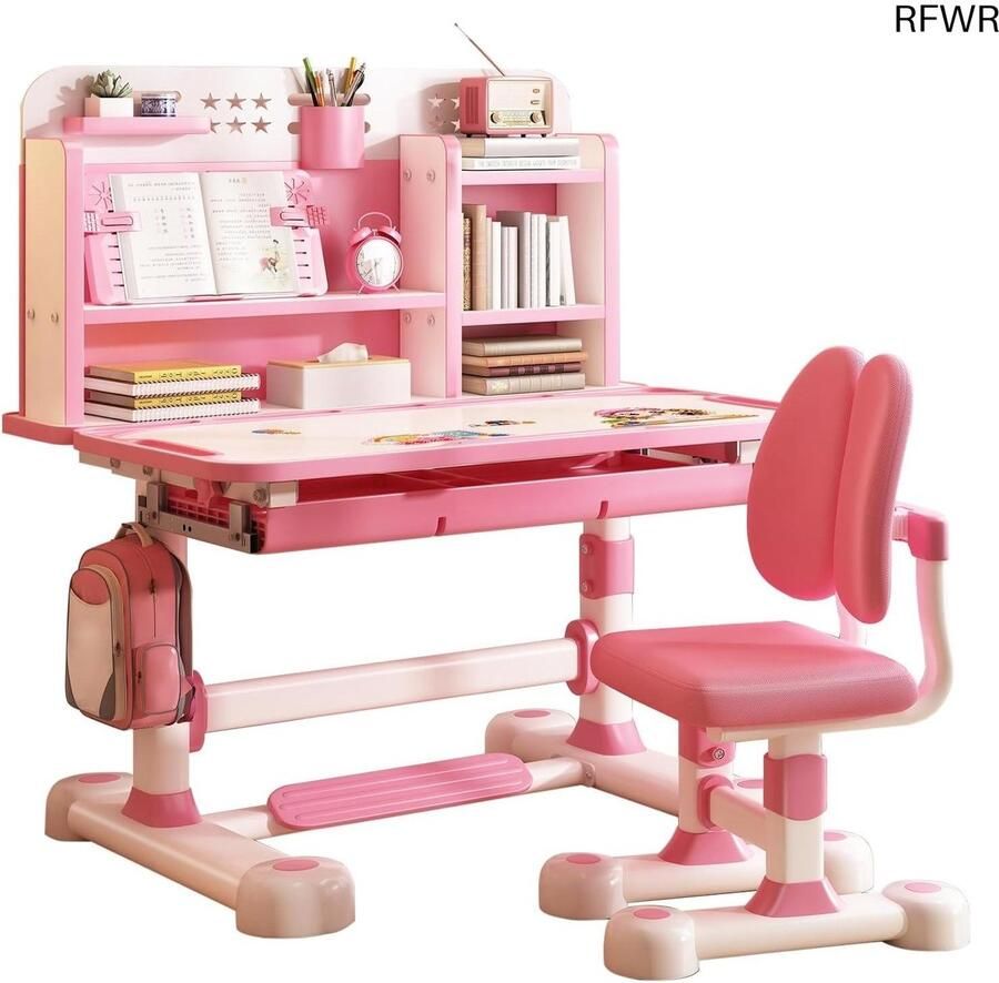 RFWR Verstelbaar Kinderbureau met Ergonomische Stoel en Opbergruimte Roze