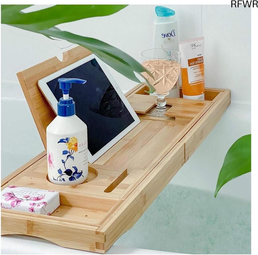 RFWR Verstelbare Bamboe Badplank Uitschuifbare Badtafel voor Boek Tablet en Wijnglas