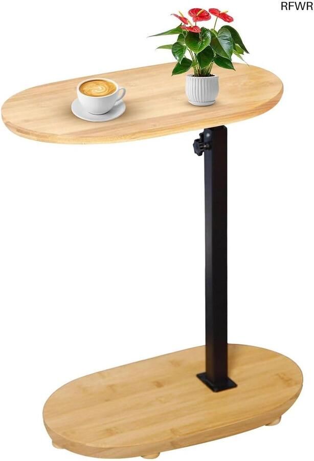 RFWR Verstelbare C-vorm Bijzettafel van Bamboe en Metaal Modern en Multifunctioneel