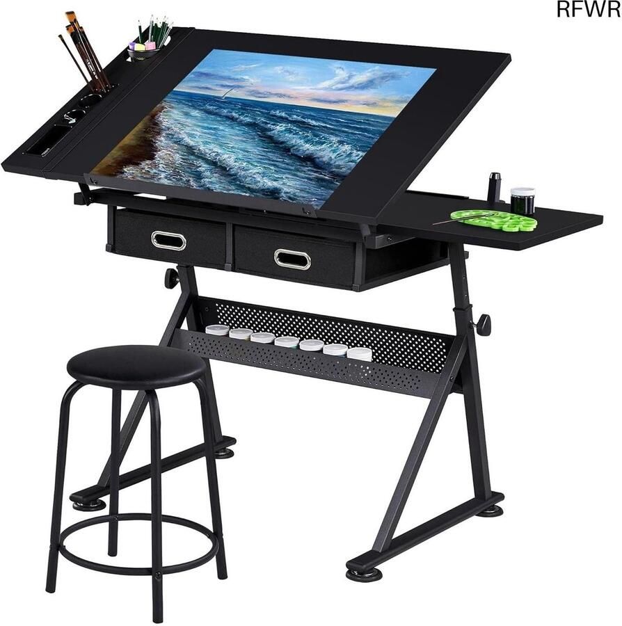 RFWR Verstelbare Tekentafel met Uittrekbaar Tafelblad en Stabiele Pennenhouder