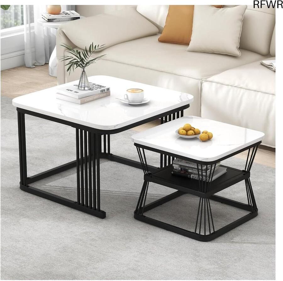 RFWR Vierkante Salontafel Set van 2 met Opbergruimte – Hoogglans Woonkamertafel voor Woonkamer en Kantoor