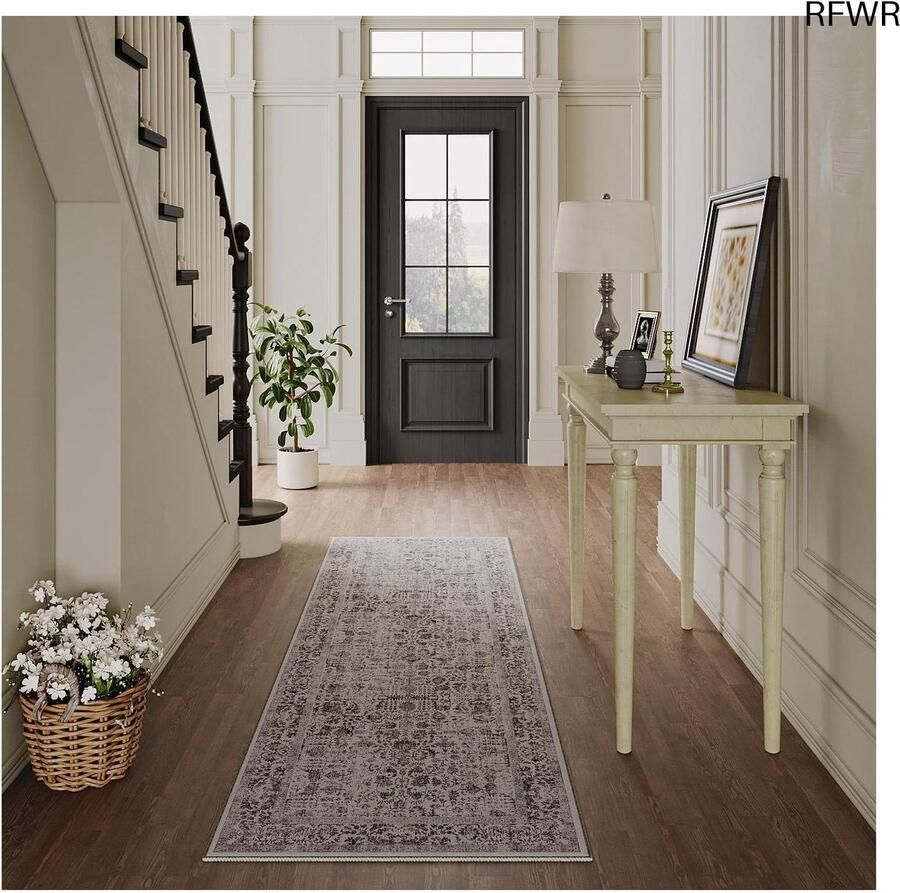 RFWR Vintage Antislip Vloerkleed Zwart 60x180cm Machinewasbaar Tapijt voor Keuken en Woonkamer