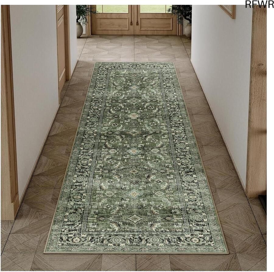 RFWR Vintage Groen Wasbare Loper Antislip Tapijt voor Woonkamer Slaapkamer en Keuken 60 x 180 cm