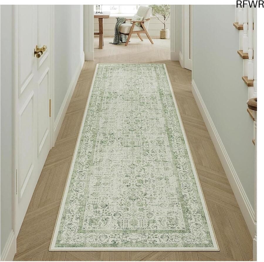 RFWR Vintage Loper Tapijt Groen 60x180 cm Antislip Machinewasbaar Vloerkleed voor Keuken en Woonkamer