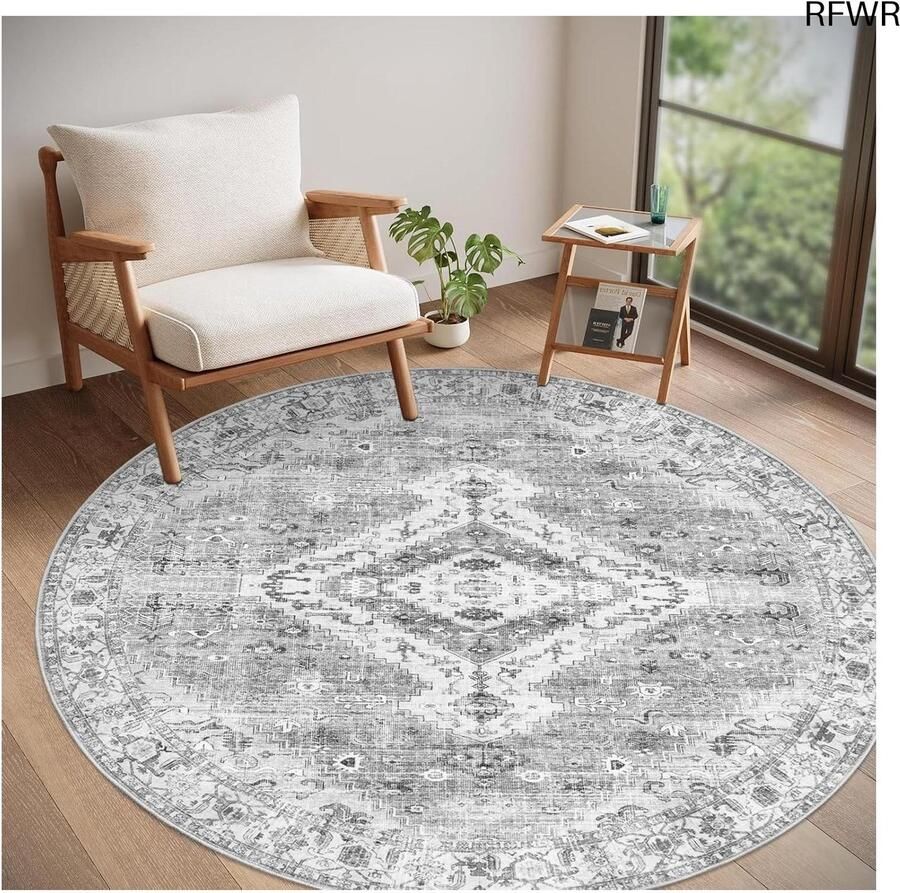 RFWR Vintage Rond Tapijt 160cm Grijs Wasbaar en Antislip voor Woonkamer en Slaapkamer