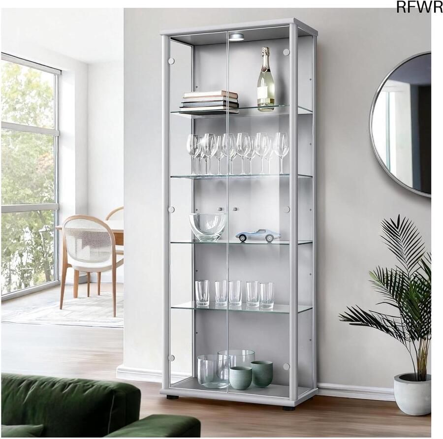 RFWR Vitrinekast 2-deurs 176x67x33cm met LED-verlichting Elegante Display Cabinet met Verstelbare Glasplanken