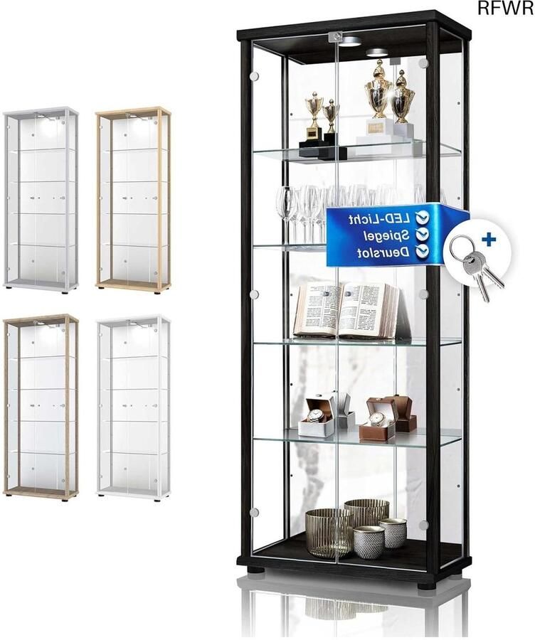 RFWR Vitrinekast Glas 2-deurs met LED Verlichting en Verstelbare Planken Staande Display Kasten