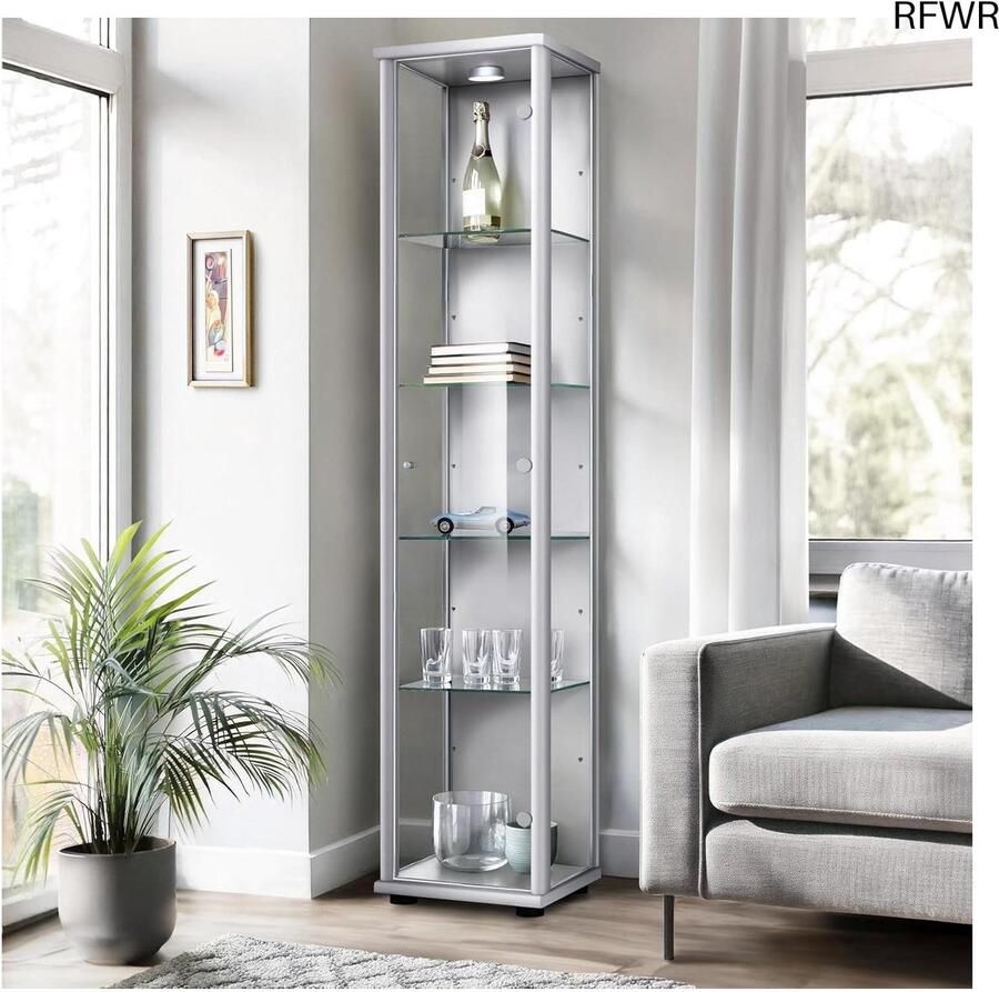 RFWR Vitrinekast met Glazen Deuren en LED Verlichting 176x37x33cm Verstelbare Glasplanken Multifunctioneel en Stijlvol