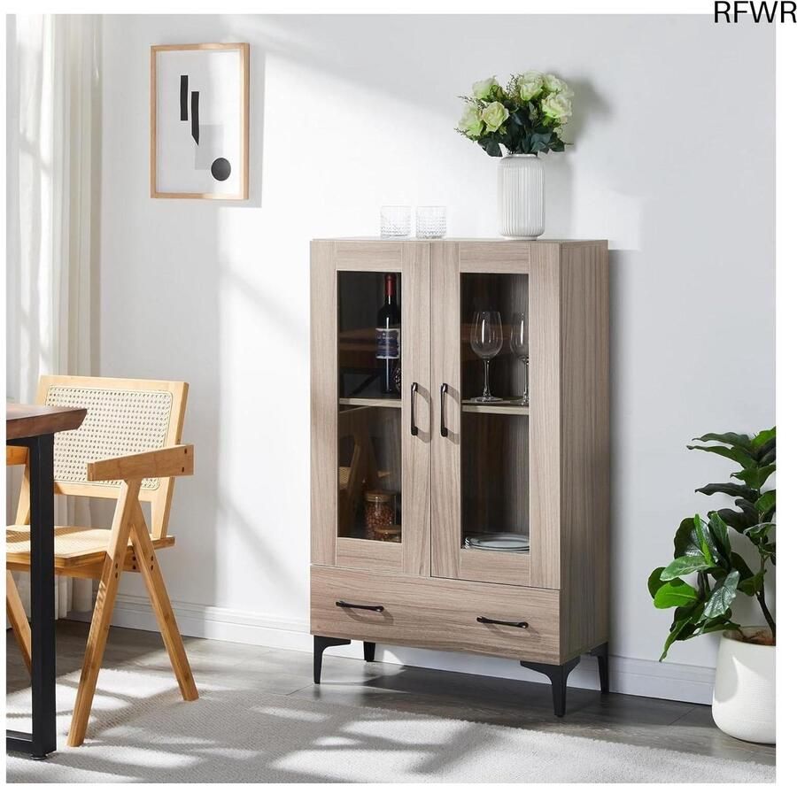 RFWR Vitrinekast met lade en glazen deuren Multifunctionele buffetkast 115x70x31 cm in Sonoma eikenkleur