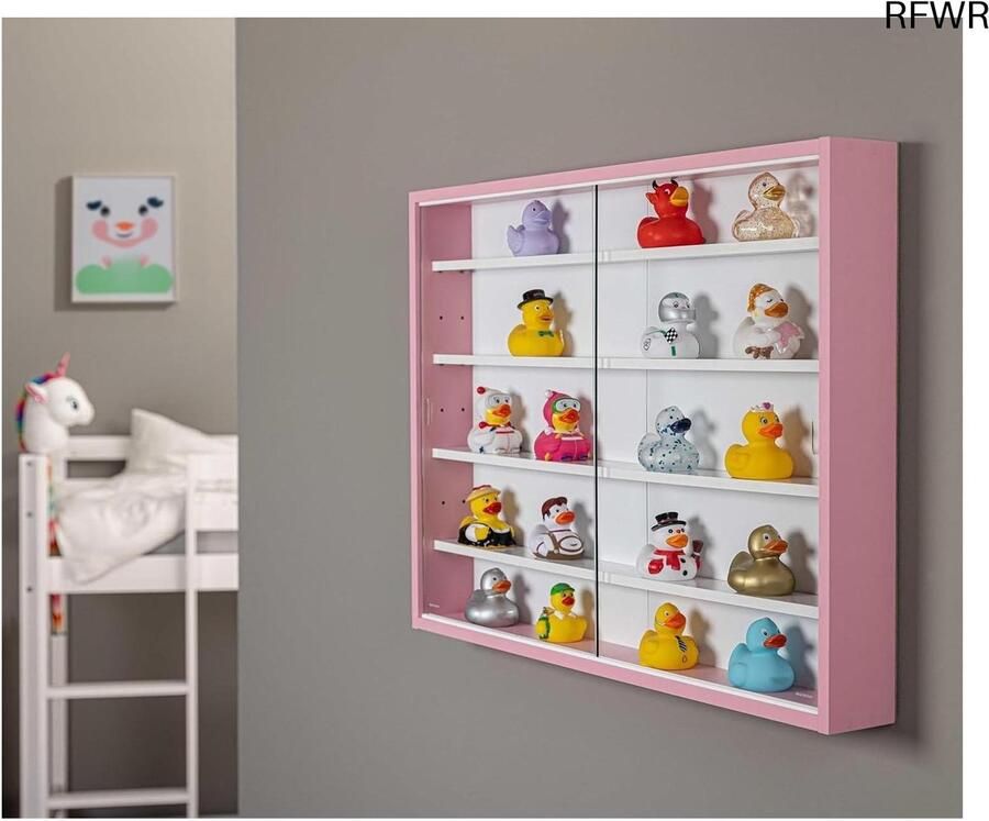 RFWR Vitrinekast voor Verzamelaars Wandvitrine met Glazen Schuifdeuren en Verstelbare Planken Roze (80 x 60 x 9 5 cm)