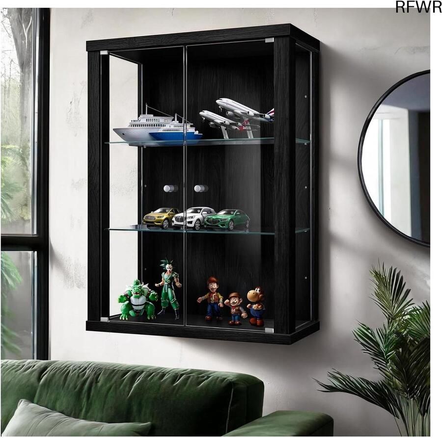 RFWR Vitrinekast Wand (80x60x25cm) Wandkast met Verstelbare Glazen Planken Stijlvolle Display Cabinet voor Verzamelobjecten