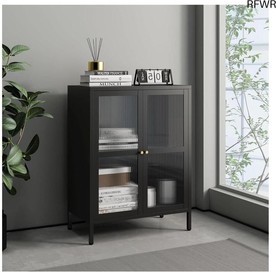 RFWR Vitrinekast Zwart 84x64x35 cm met Glas en Planken