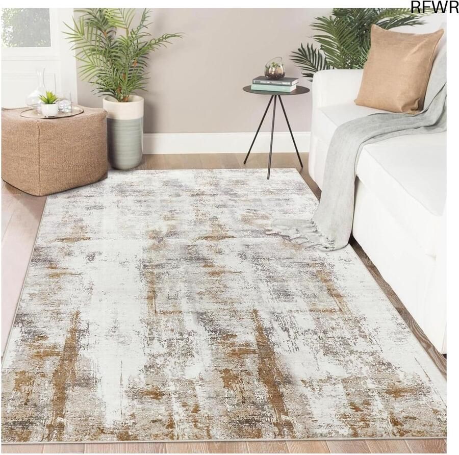 RFWR Vloerkleed Beige Bruin Modern Abstract 120 x 170 cm Laagpolig Wasbaar Antislip