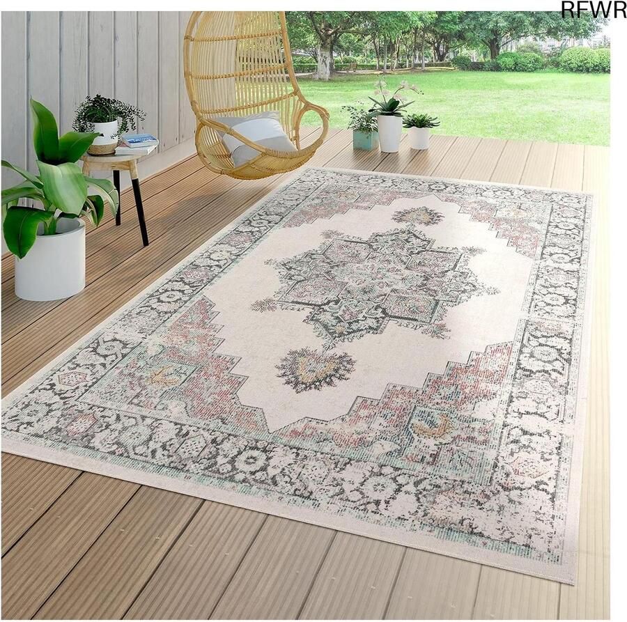 RFWR Vloerkleed voor binnen en buiten laagpolig oriëntaals patroon beige 60x100 cm